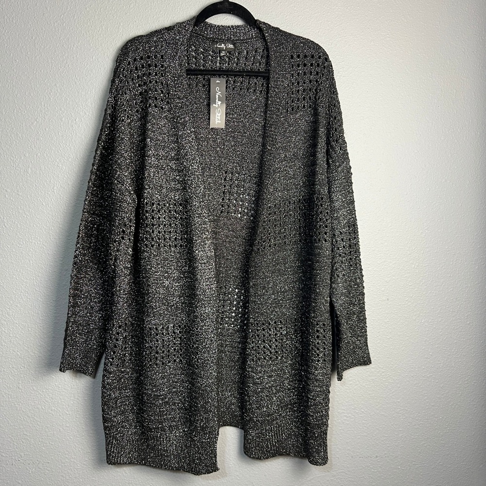 NWT Novelty Stitch Open Knit Cardigan Mesh Sparkly Shimmer Metallic Black 1X